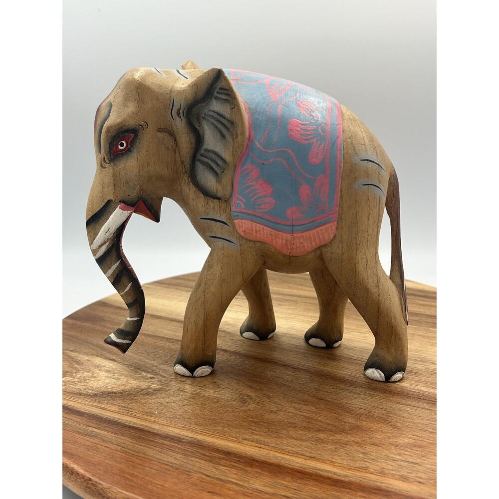 Hand Carved Wood Elephant Figure Painted Blue Pink African Safari Folk Art Decor